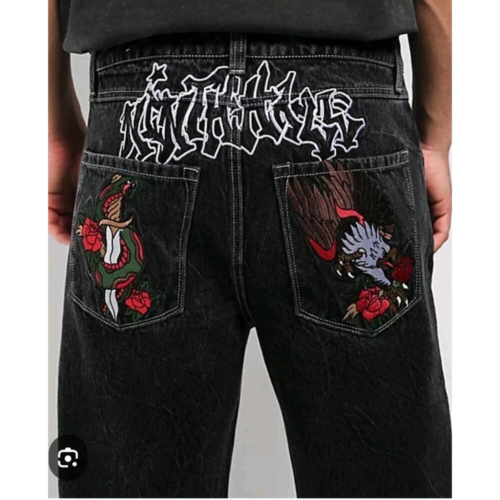 NINTH HALL AMBUSH DENIM JEANS BAGGY BLACK SZ 30 EMBROIDERED EAGLE Snake Skater